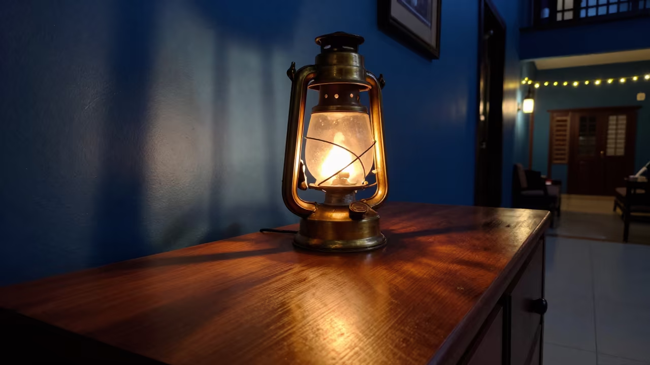 Warm Oil Lamp Glow in Yangon Hallway in on a hotel dresser in Sule, Yangon