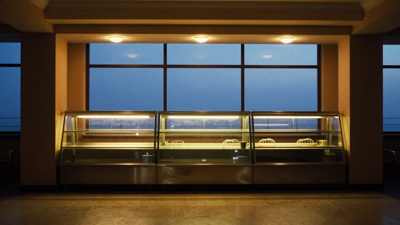 Warm Pastry Shelf at Tabriz Dawn Light in at a reception desk under warm light near Tabriz