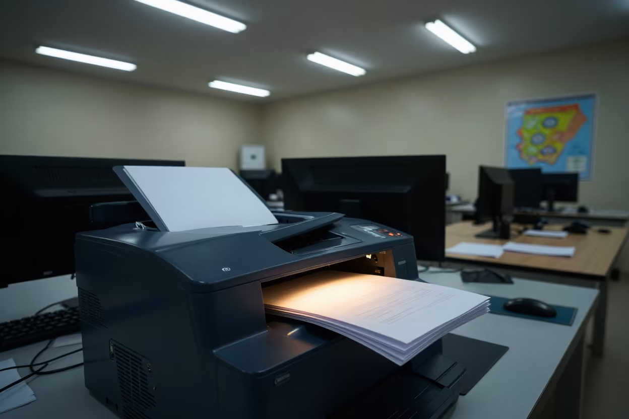 Warm Project Sheets on Lab Printer Tray at Night in at a seminar table covered in notes near Khartoum