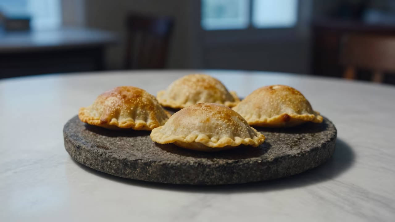 Warm Pupusas on Marble Table Late Night in on a marble cafe table in Myitkyina