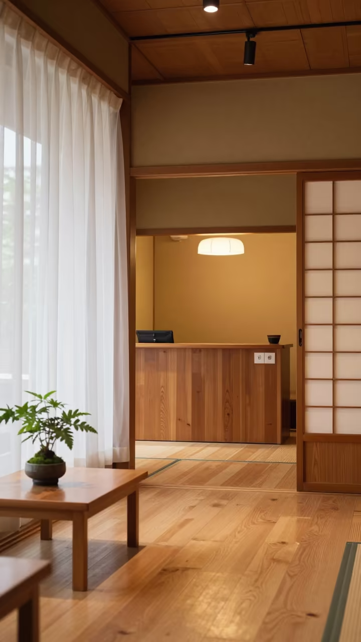 Warm Ryokan Lobby Light Before Guests Arrive in inside a hotel lobby in Yanaka, Tokyo