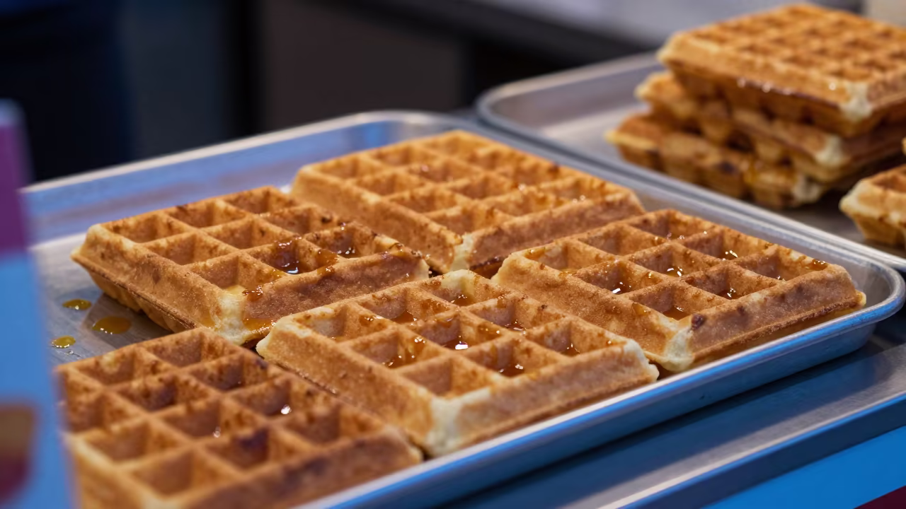 Warm Stroopwafels on Neon Lit Market Counter in at a market stall counter in Rotterdam