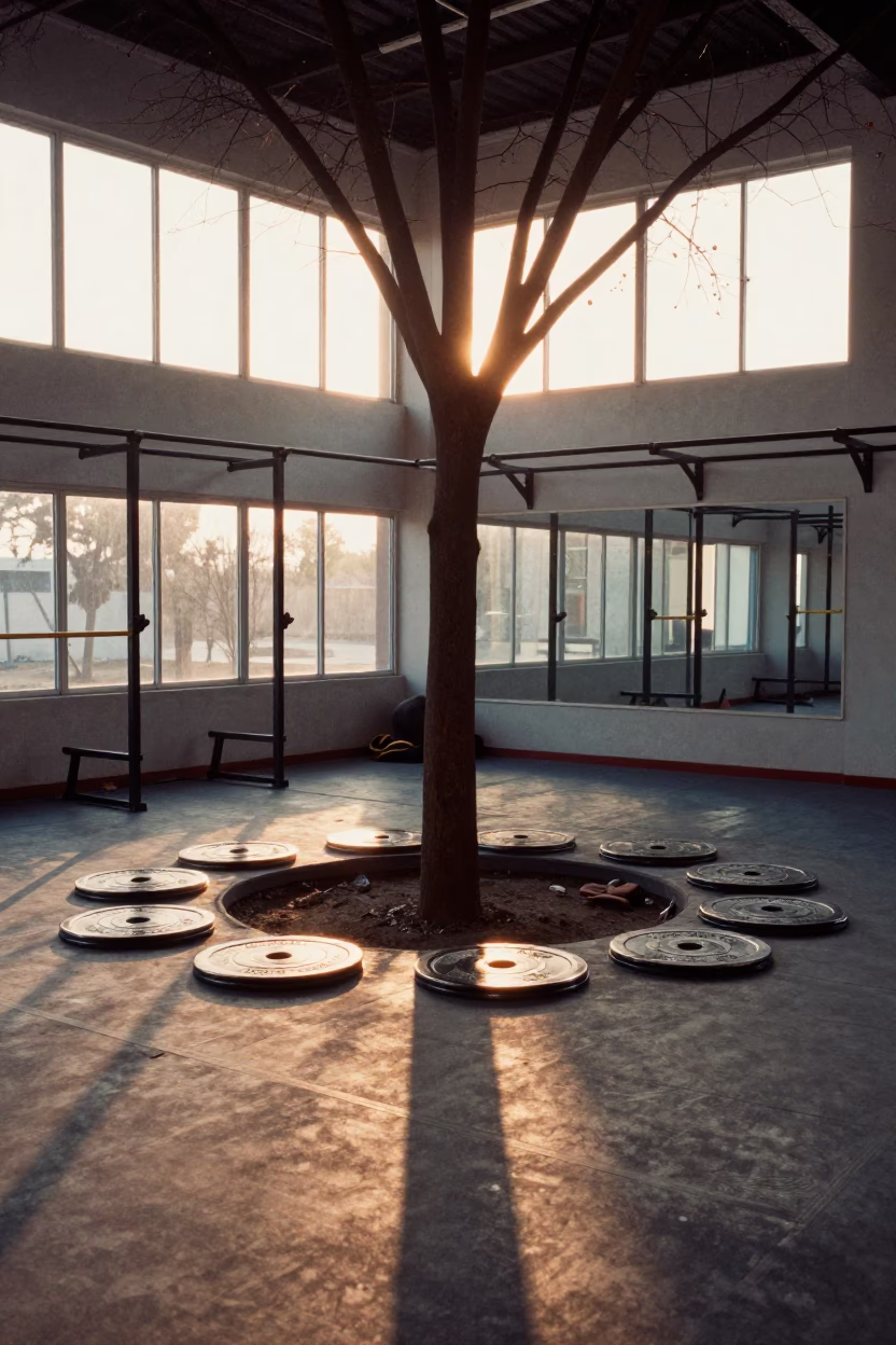 Warm Sunset Light on Climbing Gym Equipment in inside a climbing gym warmup zone near Sialkot