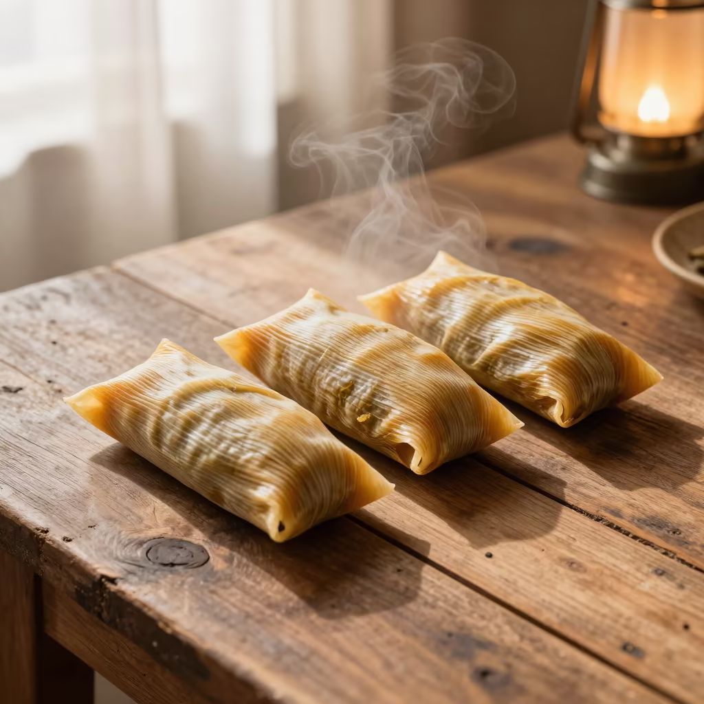 Warm Tamales on Rustic Table Portland Afternoon in on a rustic wooden table in Portland