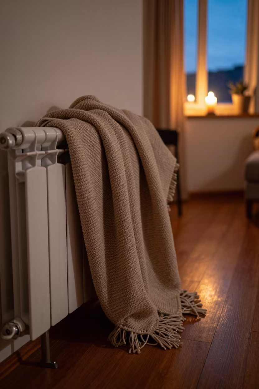 Warming Blanket on Radiator in Twilight Living Room in in a sunlit living room near Santiago de los Caballeros