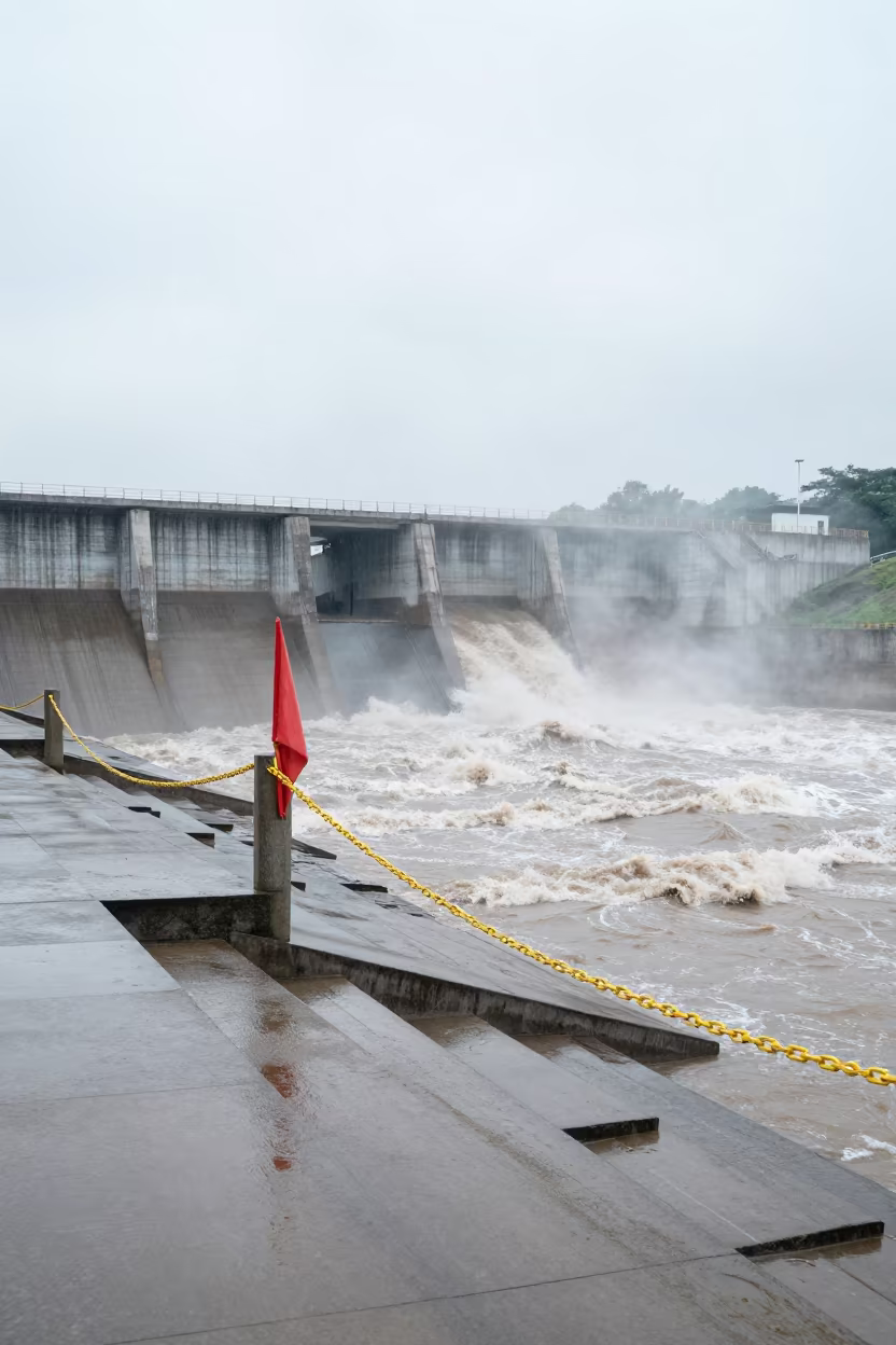 Warning Chain Stretched Across Wet Dam Steps at Can Tho in along concrete walls above turbulent water near Can Tho