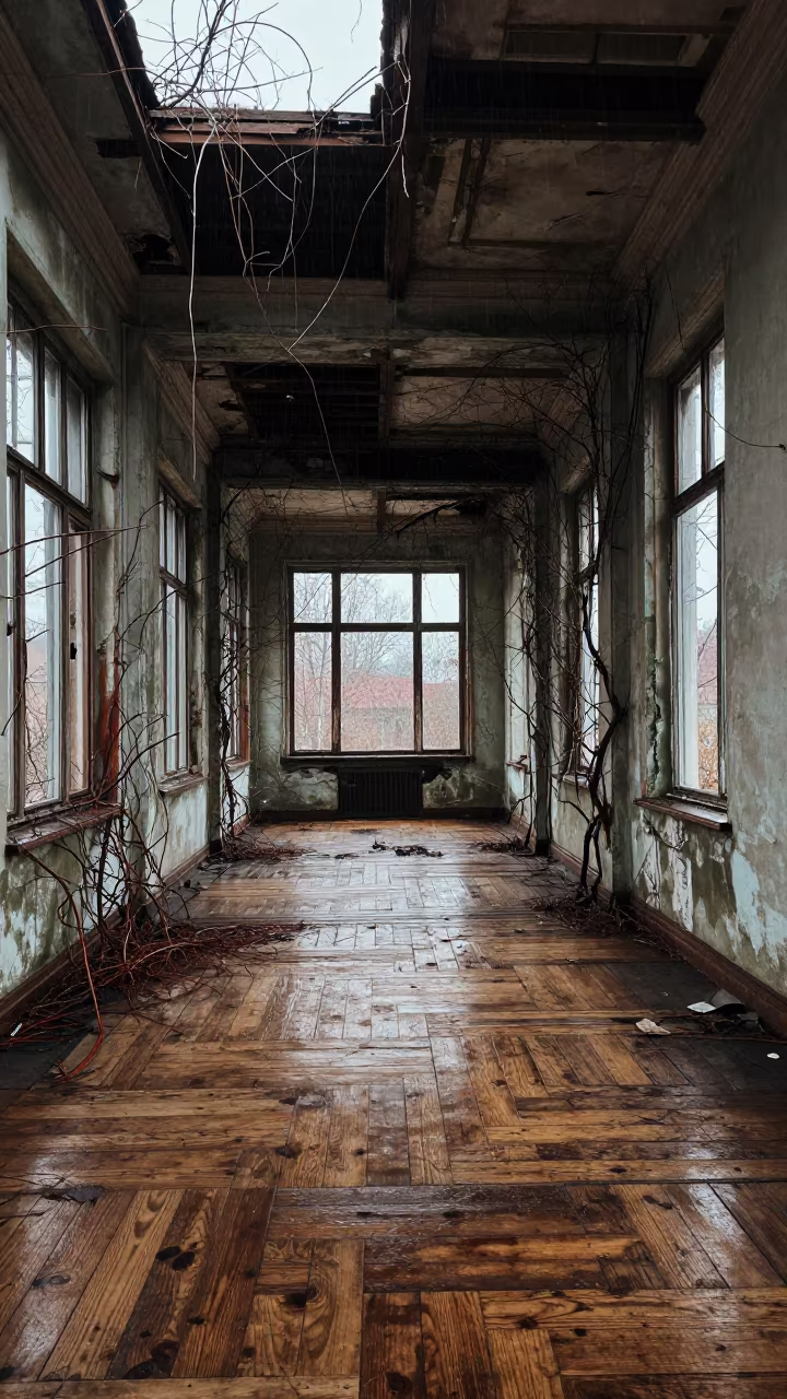 Warped Floor in German Dance Hall Ruin in along a vine-choked corridor in Germany