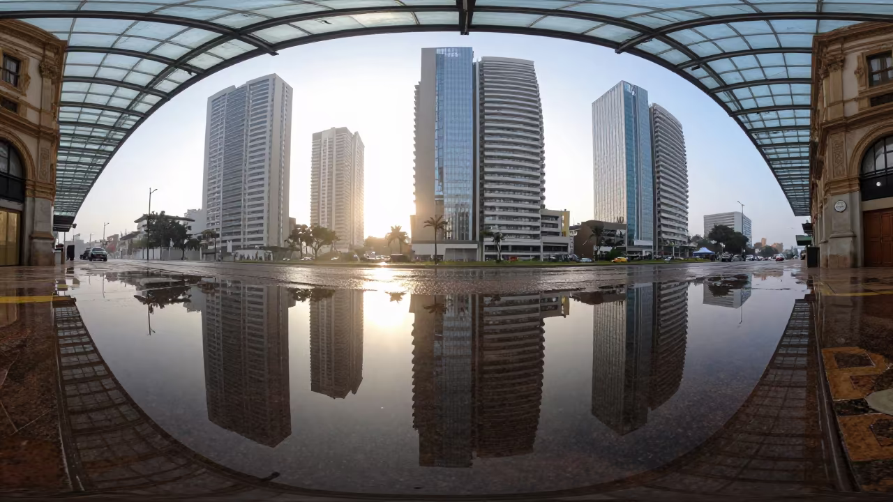 Warped Skyscraper Reflections in Arcade Puddle in inside a glass-roofed arcade in Nacala