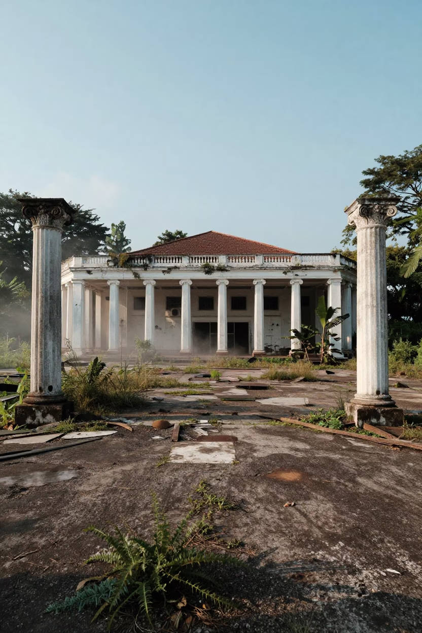 Warped Sprung Floor Amid Ruined Columns in among toppled columns and nettles in Singapore