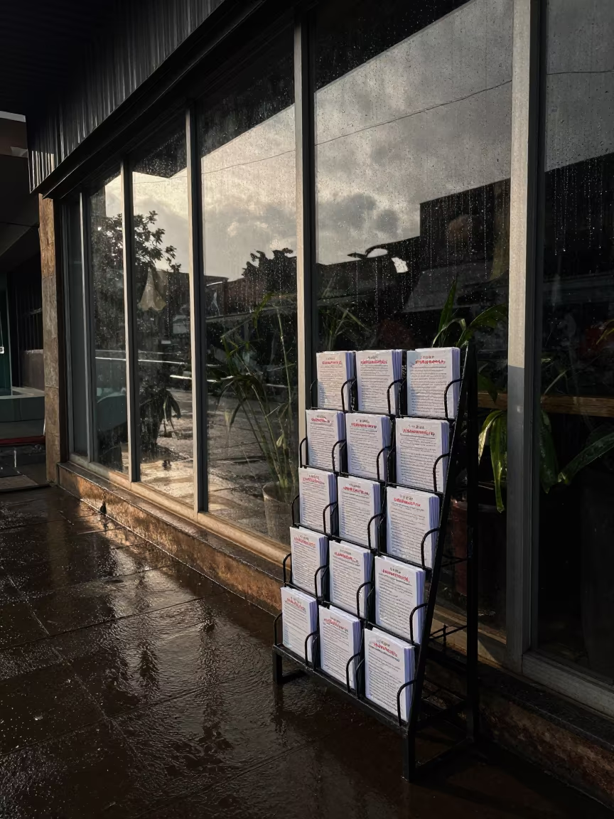 Warranty Card Rack on Wet Juba Street Morning in along a storefront glass line on a wet street near Juba