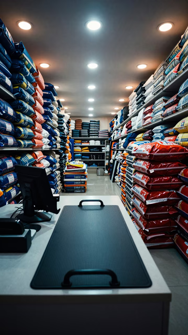 Warranty Claim Mat on Ahmedabad Cash Wrap in at a cash wrap counter with bags stacked nearby in Ahmedabad