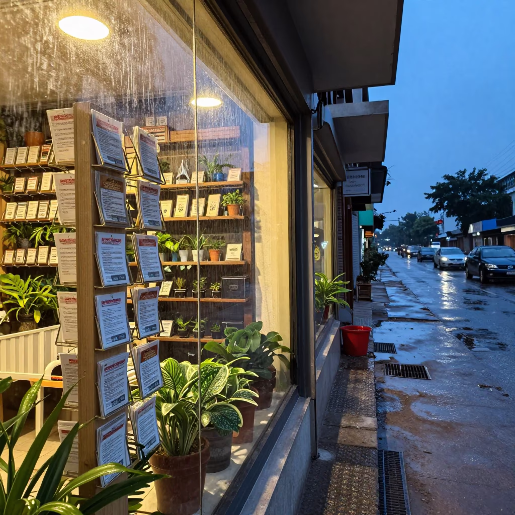 Warranty Rack Reflections Hanumangarh Evening in along a storefront glass line on a wet street in Hanumangarh
