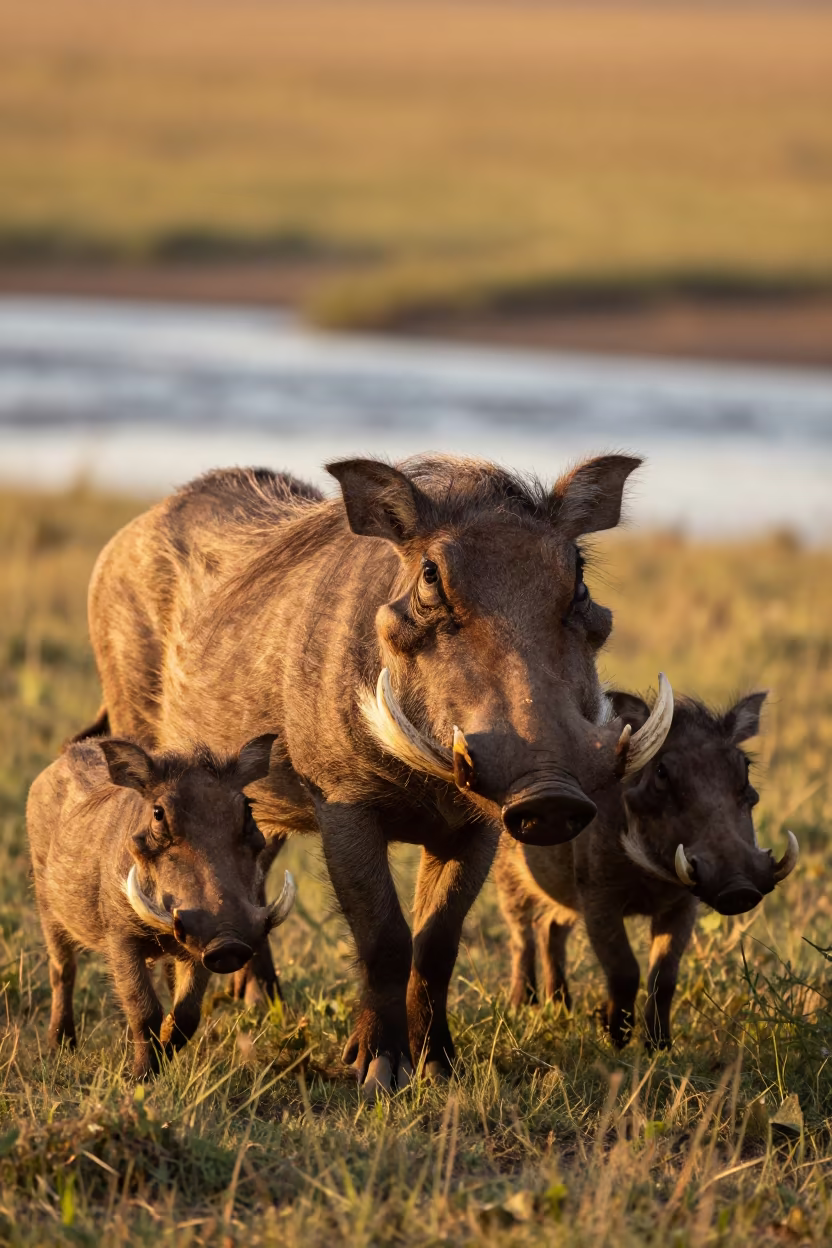 Warthog Family Trotting in Evening Light in above a glacial stream near Singapore