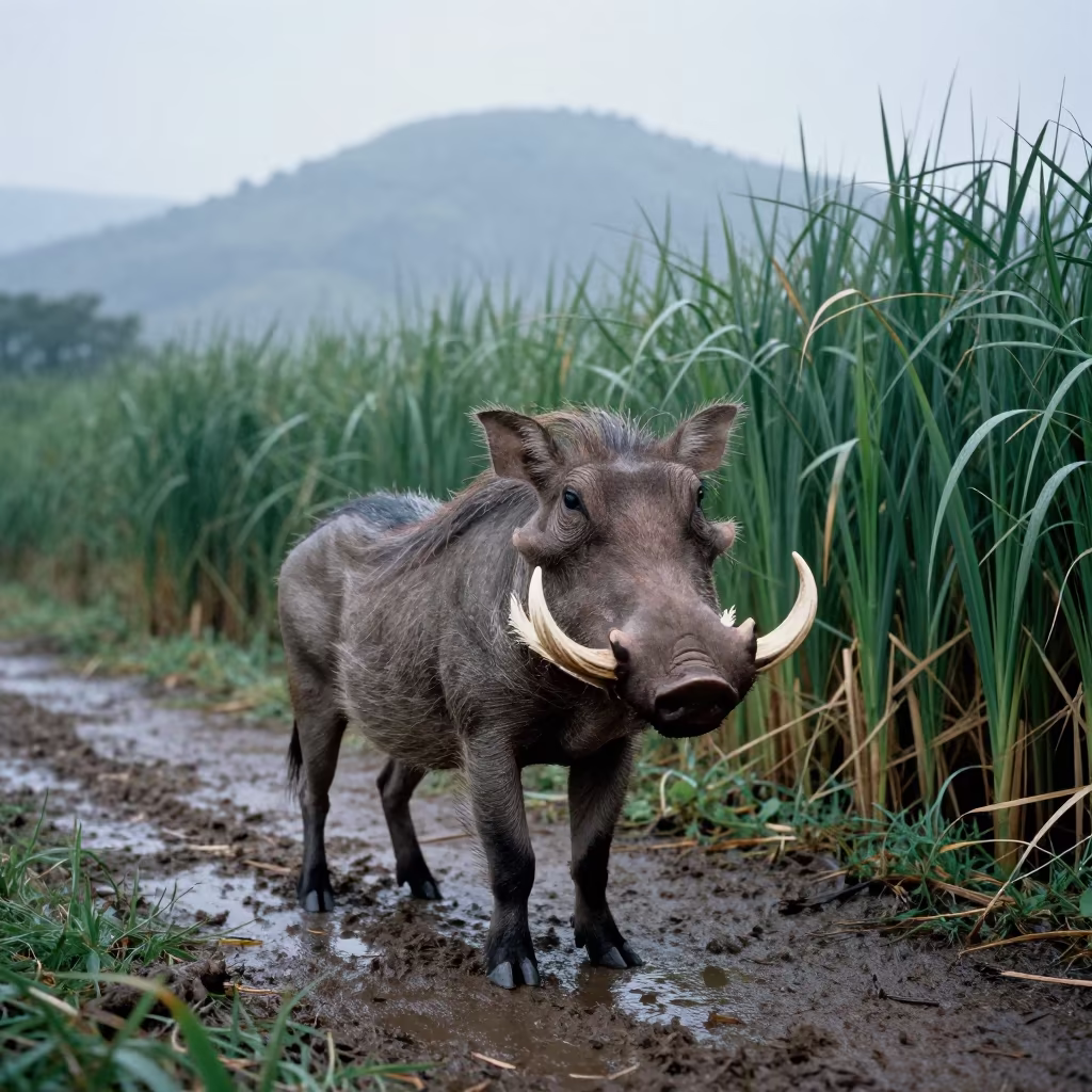 Warthog at Manila Reed Bed Dawn in at the edge of a reed bed near Manila