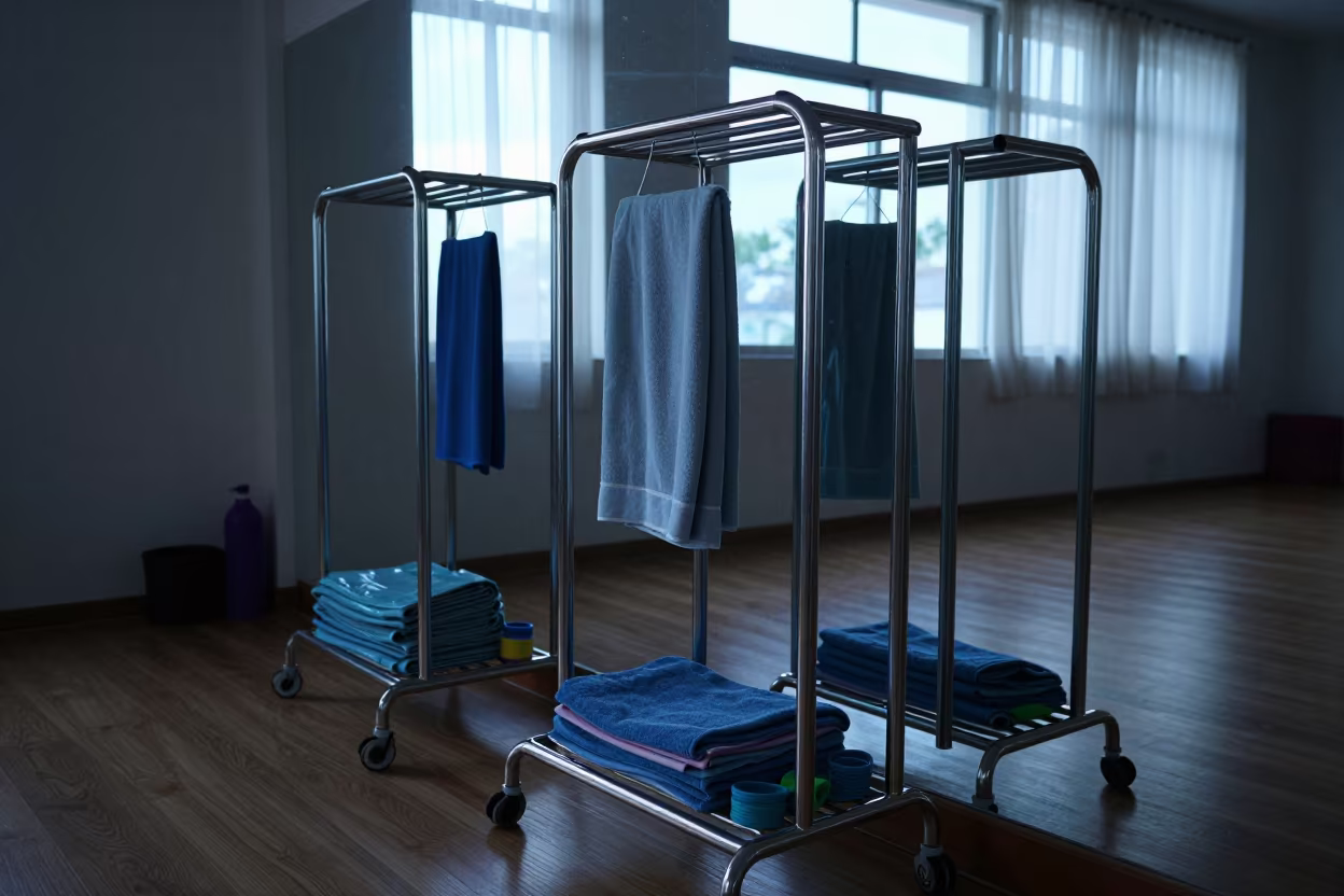 Wash Rack With Towels And Silicone In Nampula Studio in inside a yoga studio before the session begins near Nampula