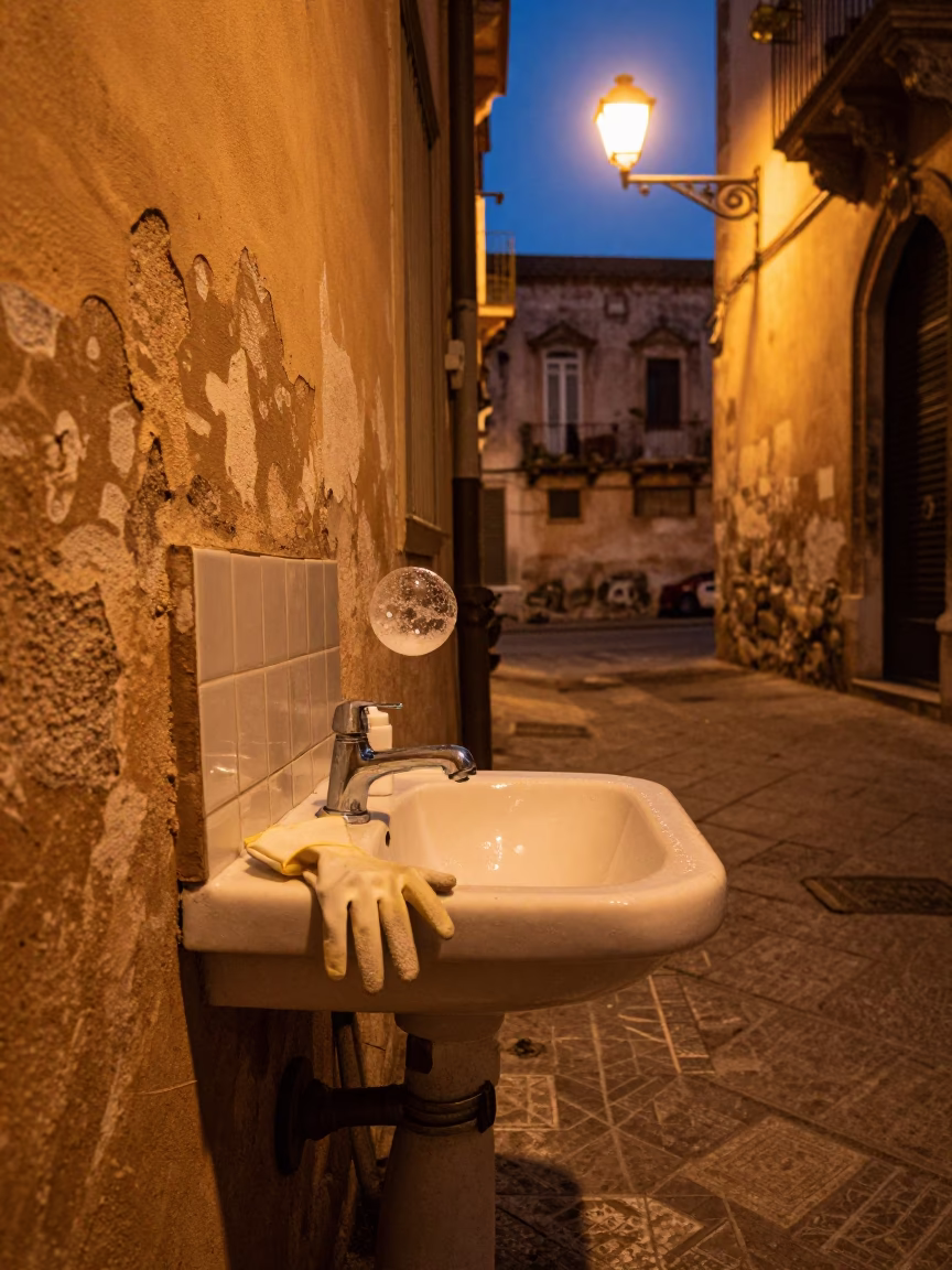 Washbasin after dark in Palermo in in Palermo, Italy
