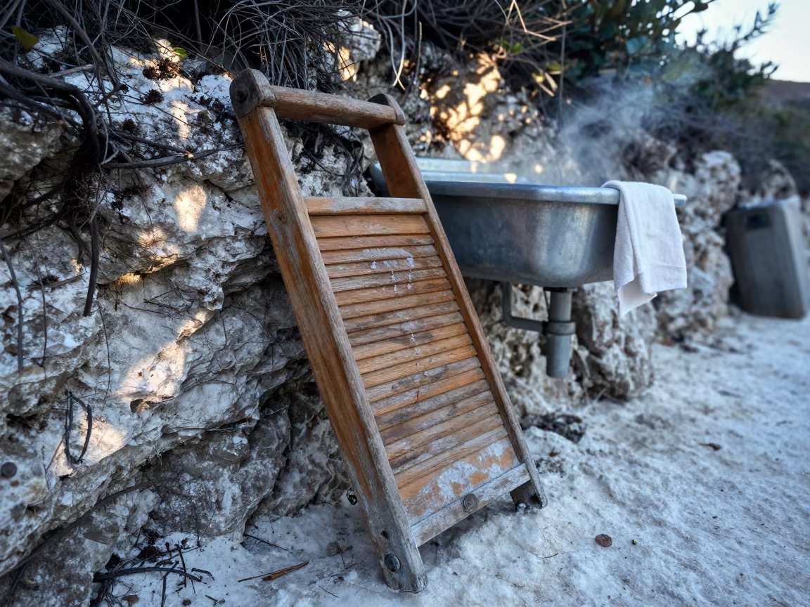 Washboard Sink Dappled Light Cliff Edge in along a salt-sprayed cliff edge near Vinh