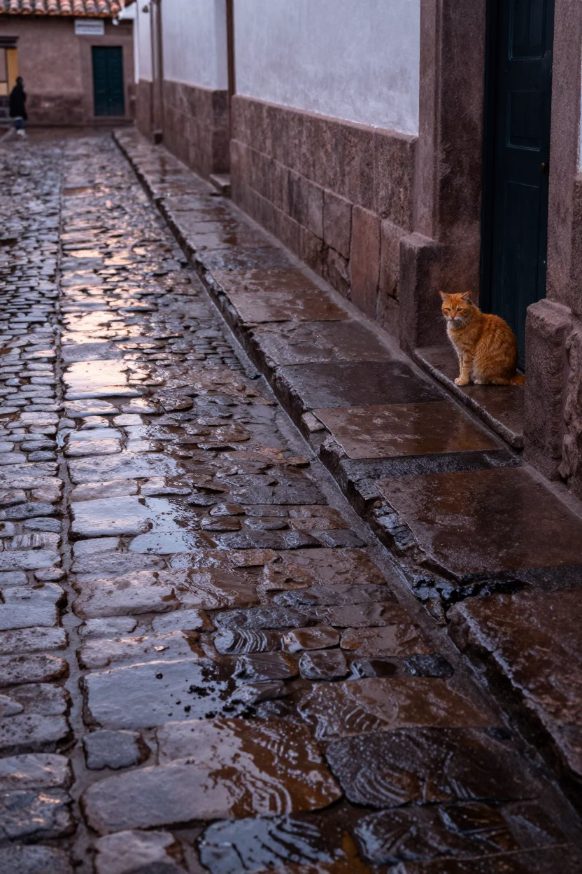 Washed Cobblestones in Cusco at First Light in in Cusco, Peru