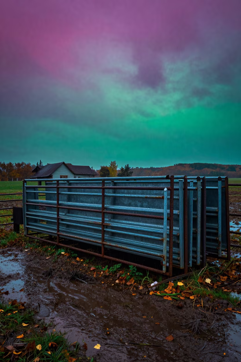 Washed Corral Panels Under Magenta Twilight Sky in inside a ranch corral in Transylvania