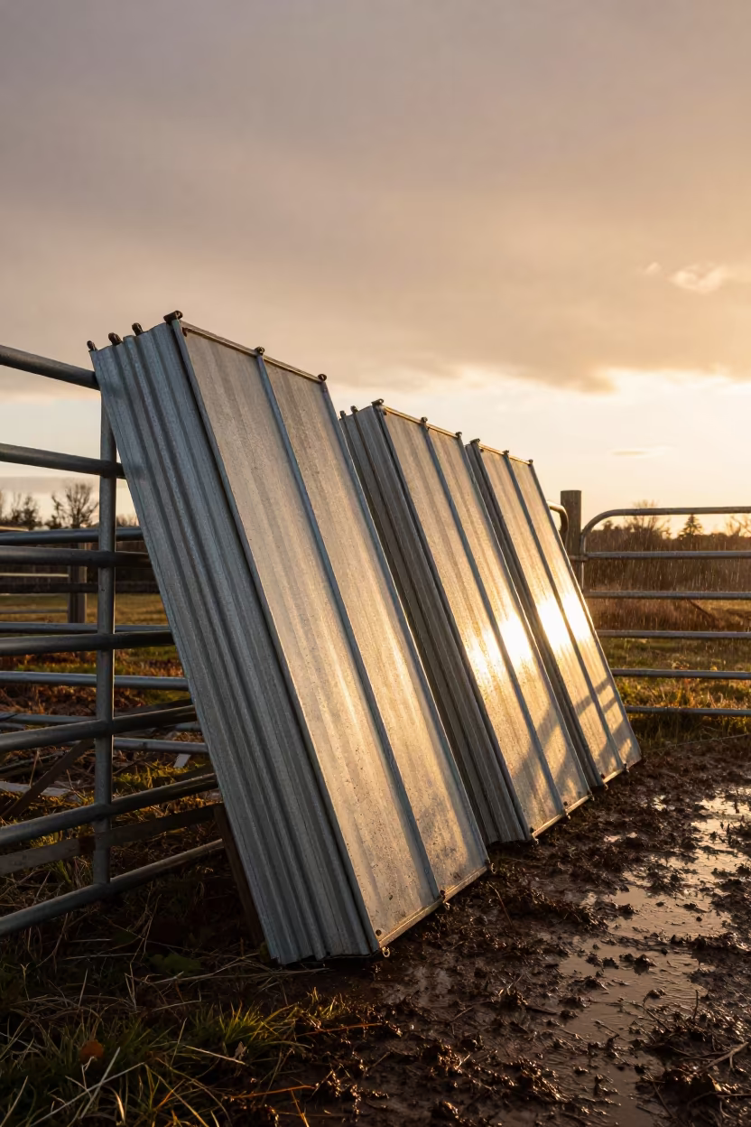 Washed Corral Panels in PEI Sunset Light in along a muddy paddock fence in Prince Edward Island