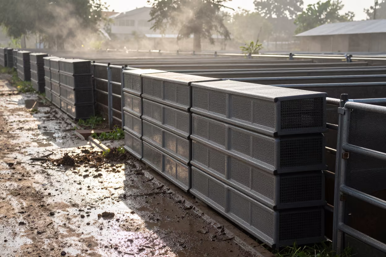 Washed Corral Panels in Rainy Season Morning Light in along a feedlot lane in Chhattisgarh