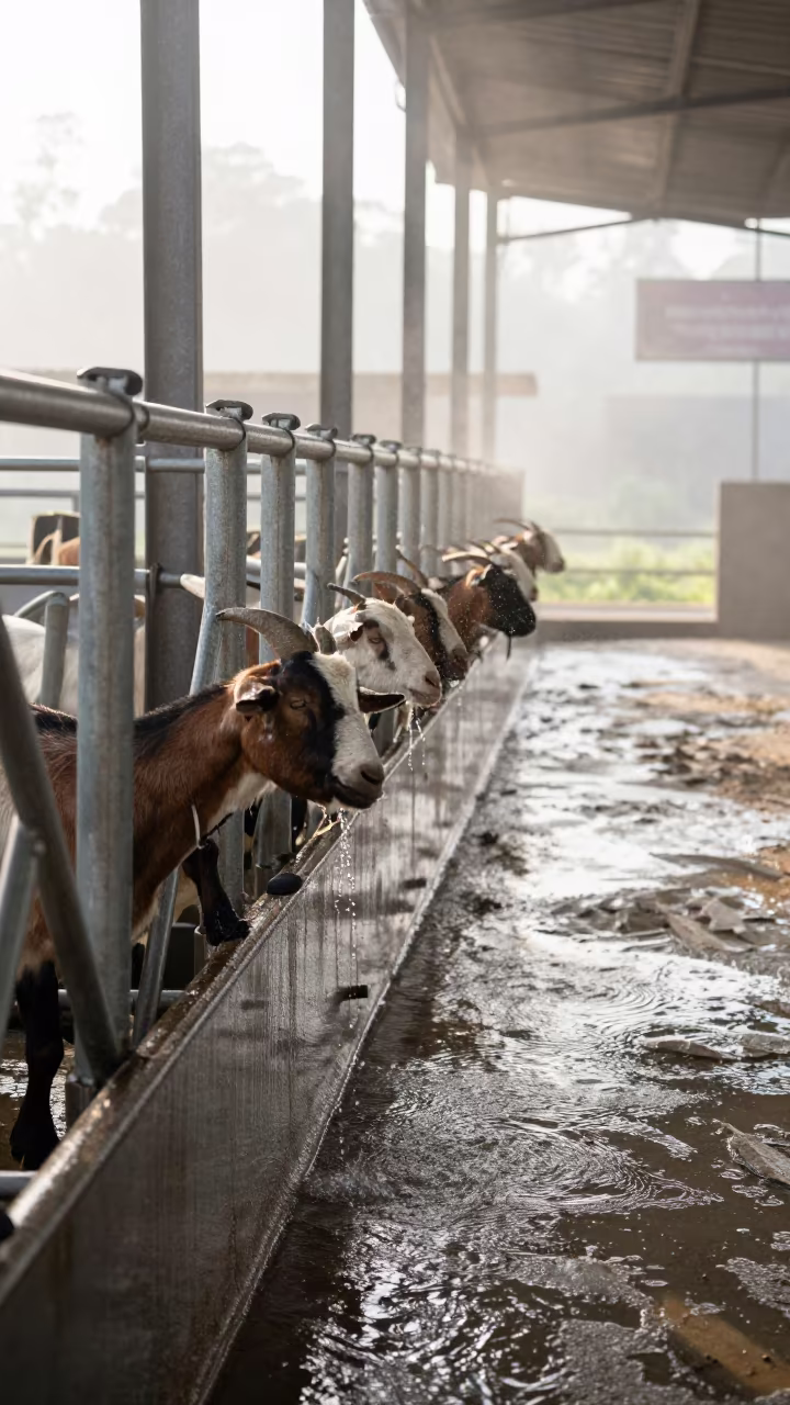 Washed Goat Milking Stand Morning Mist Colombia in along a feedlot lane in Colombia