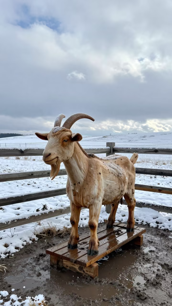 Washed Goat Stand in Winter Alberta Paddock in along a muddy paddock fence in Alberta