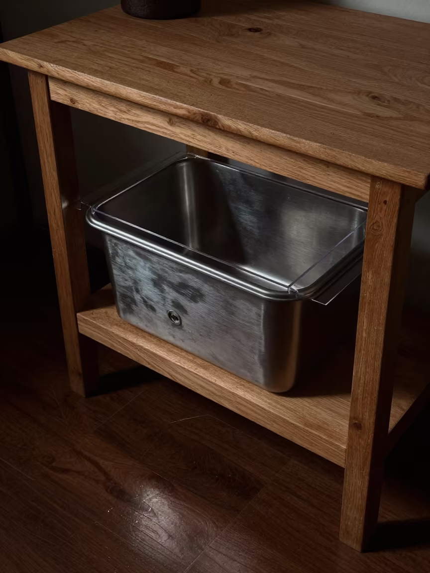 Washed Treat Pouch Bin on Shillong Workbench in on a wooden workbench in Shillong