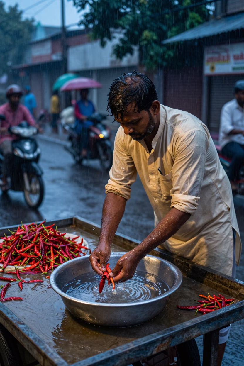 Washing Chilies in Delhi in in Delhi, India