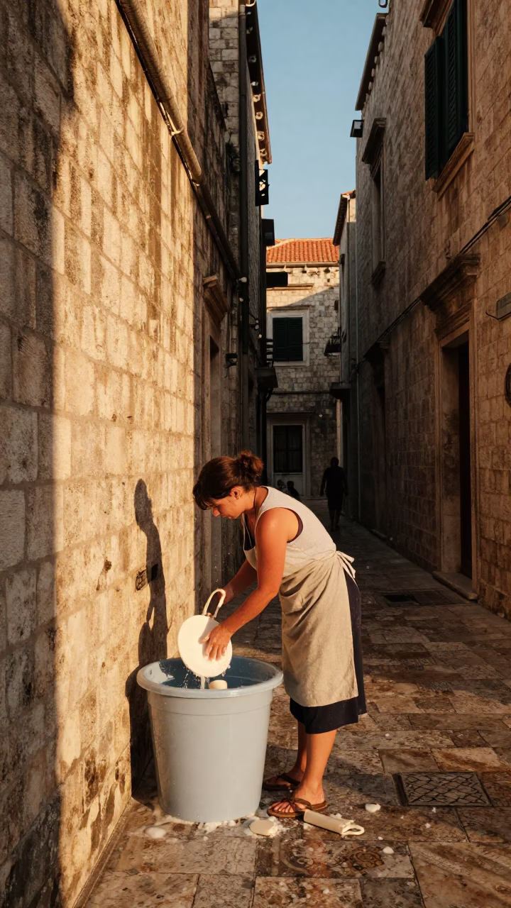 Washing Dishes in Dubrovnik in in Dubrovnik, Croatia