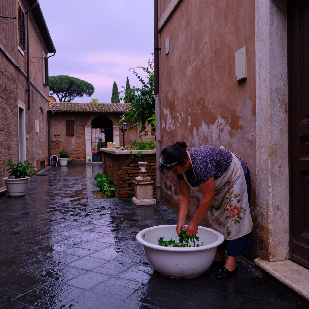Washing Herbs in Rome in in Rome, Italy