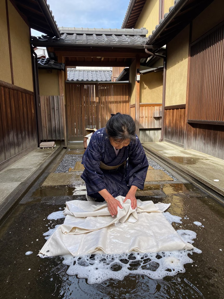 Washing Kimono in Kyoto in in Kyoto, Japan