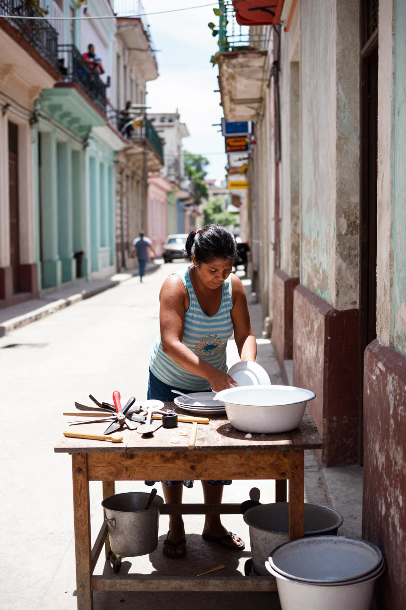 Washing Plates in Havana in in Havana, Cuba