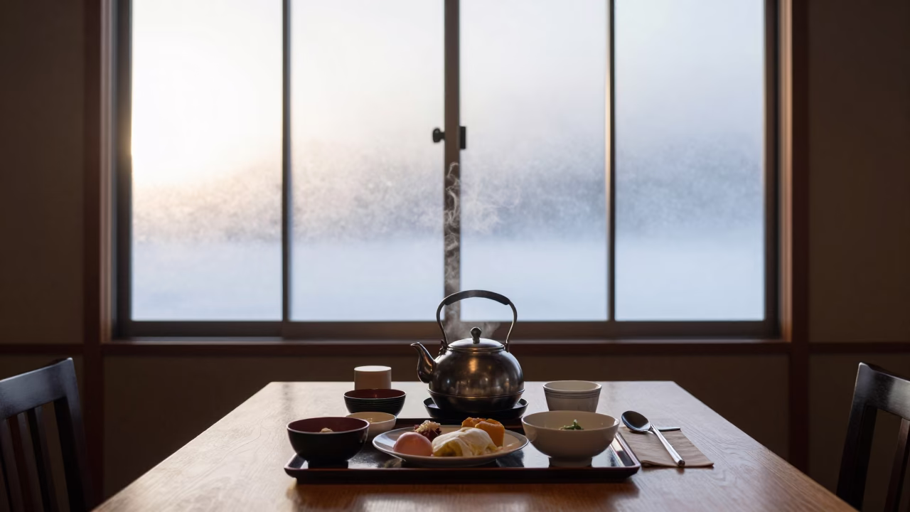 Washoku Breakfast in Sapporo at As First Light Reaches The Scene in in Sapporo, Japan