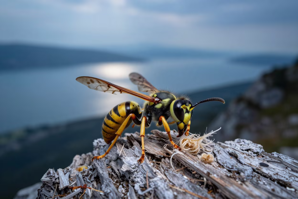 Wasp Mandibles on Wood Fiber Twilight Ridge in on a wind-scoured ridge in Slovenia