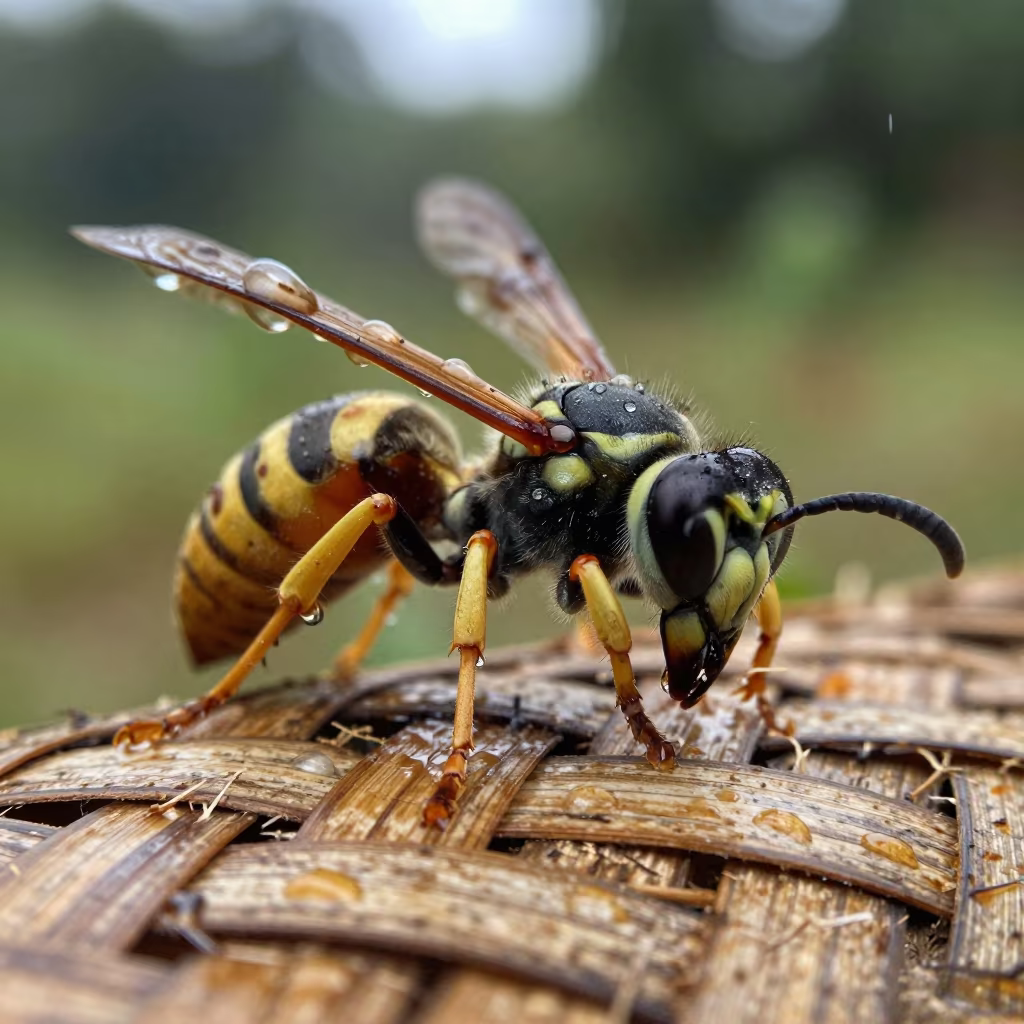 Wasp Mandibles on Wood in Rainy Dawn Light in near Kandawgyi, Yangon