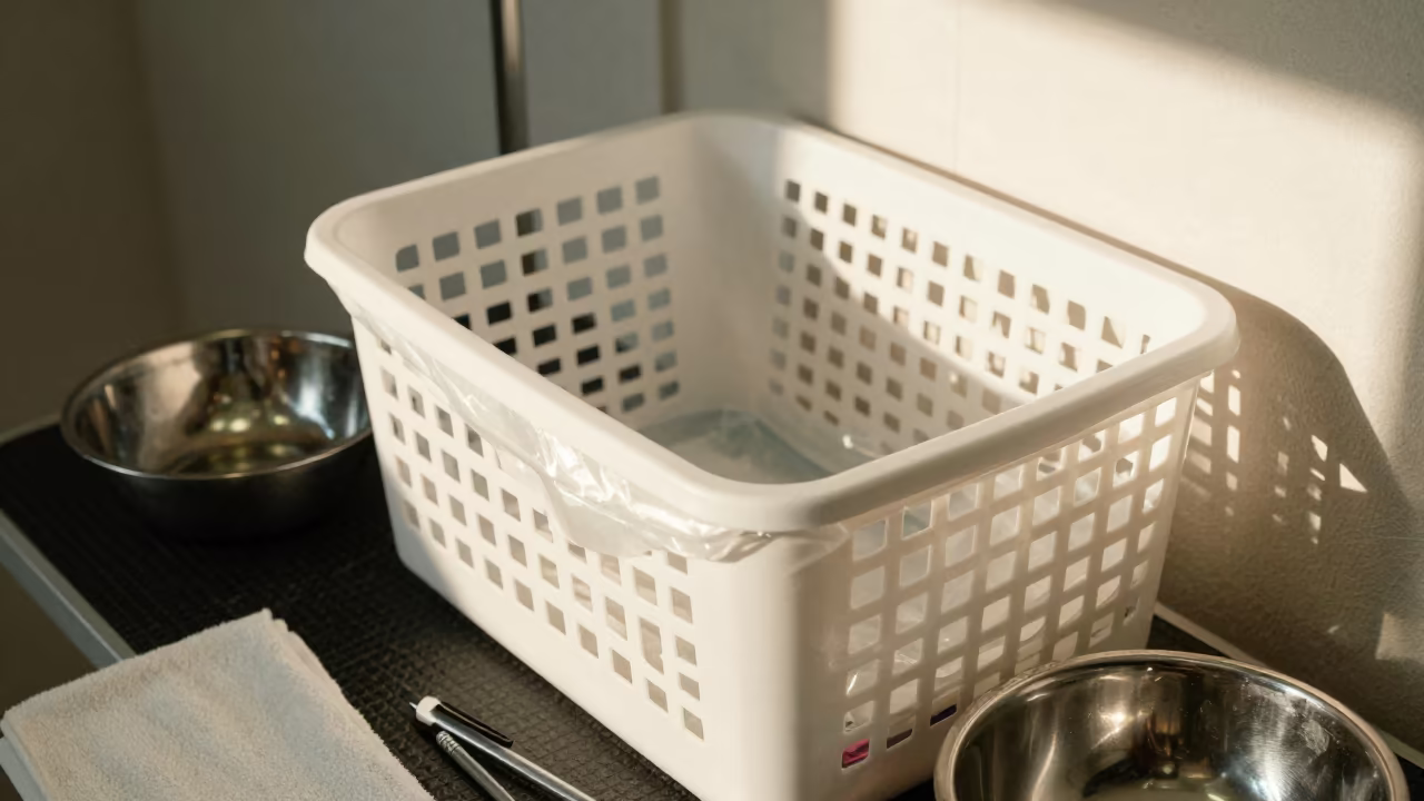 Waste Bag Dispenser Crate in Grooming Bay in inside a grooming bay near Manaus