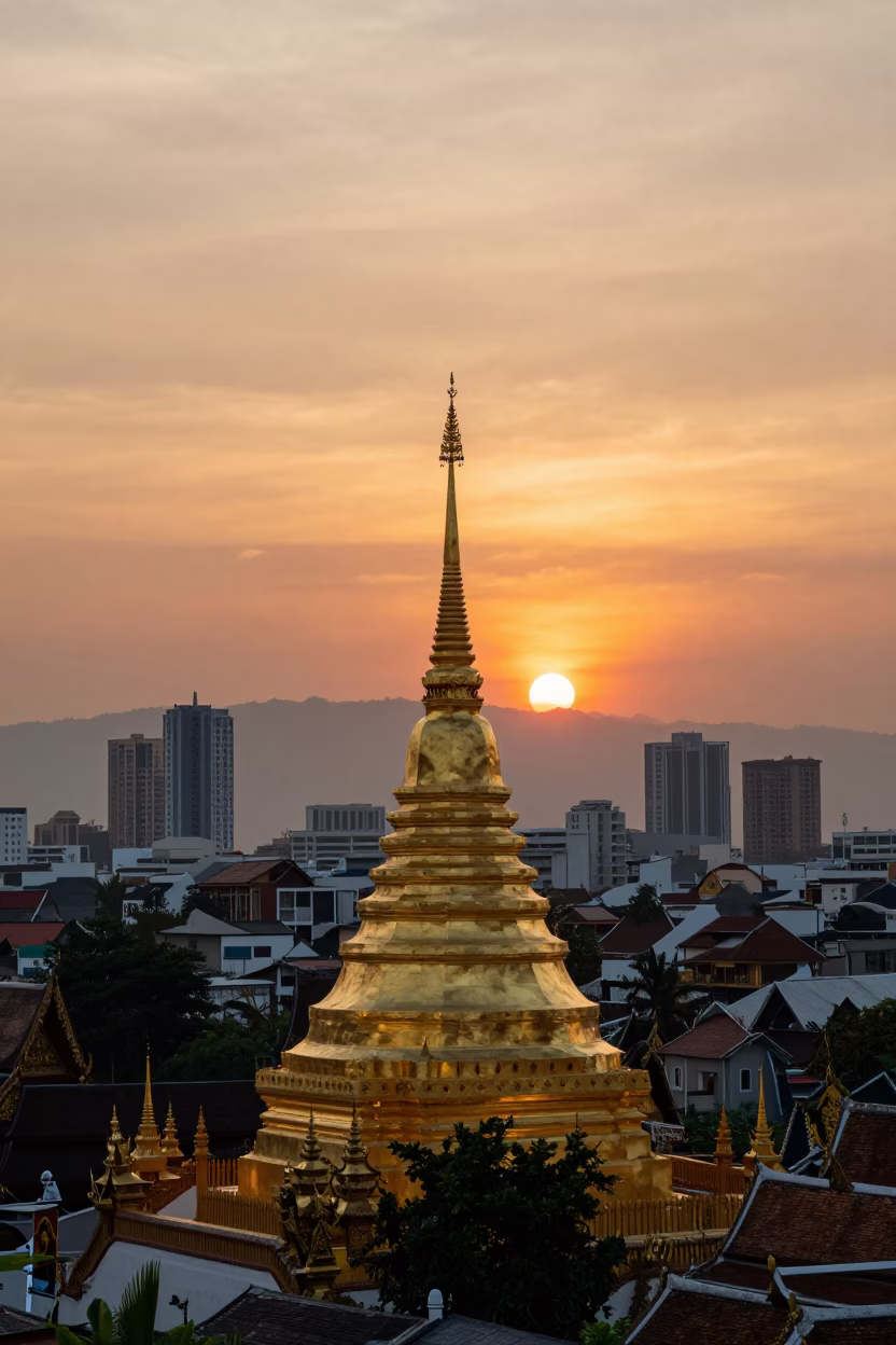 Wat Phra That Doi Suthep And City Skyline in Chiang Mai in in Chiang Mai, Thailand