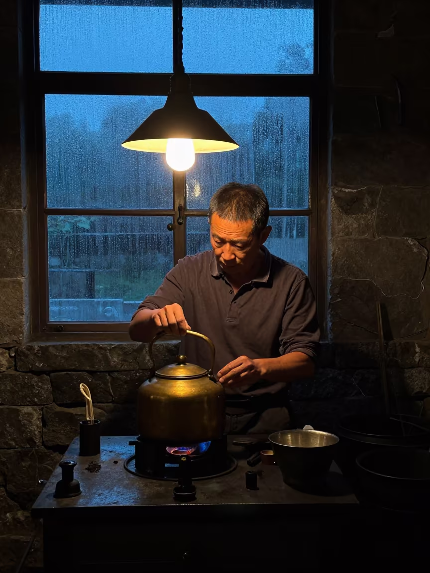 Watchmaker Beside Brass Kettle in Stone Room in in a foundry in Pingtung
