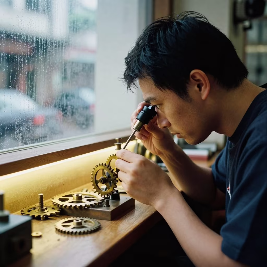 Watchmaker Examines Gears Through Loupe in Hong Kong Cafe in in a cafe in Hong Kong