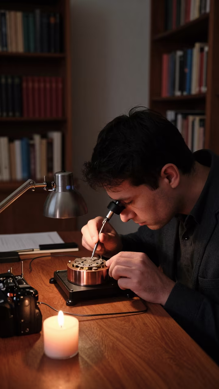 Watchmaker Examines Movement in Brantford Library in in a library reading room in Brantford