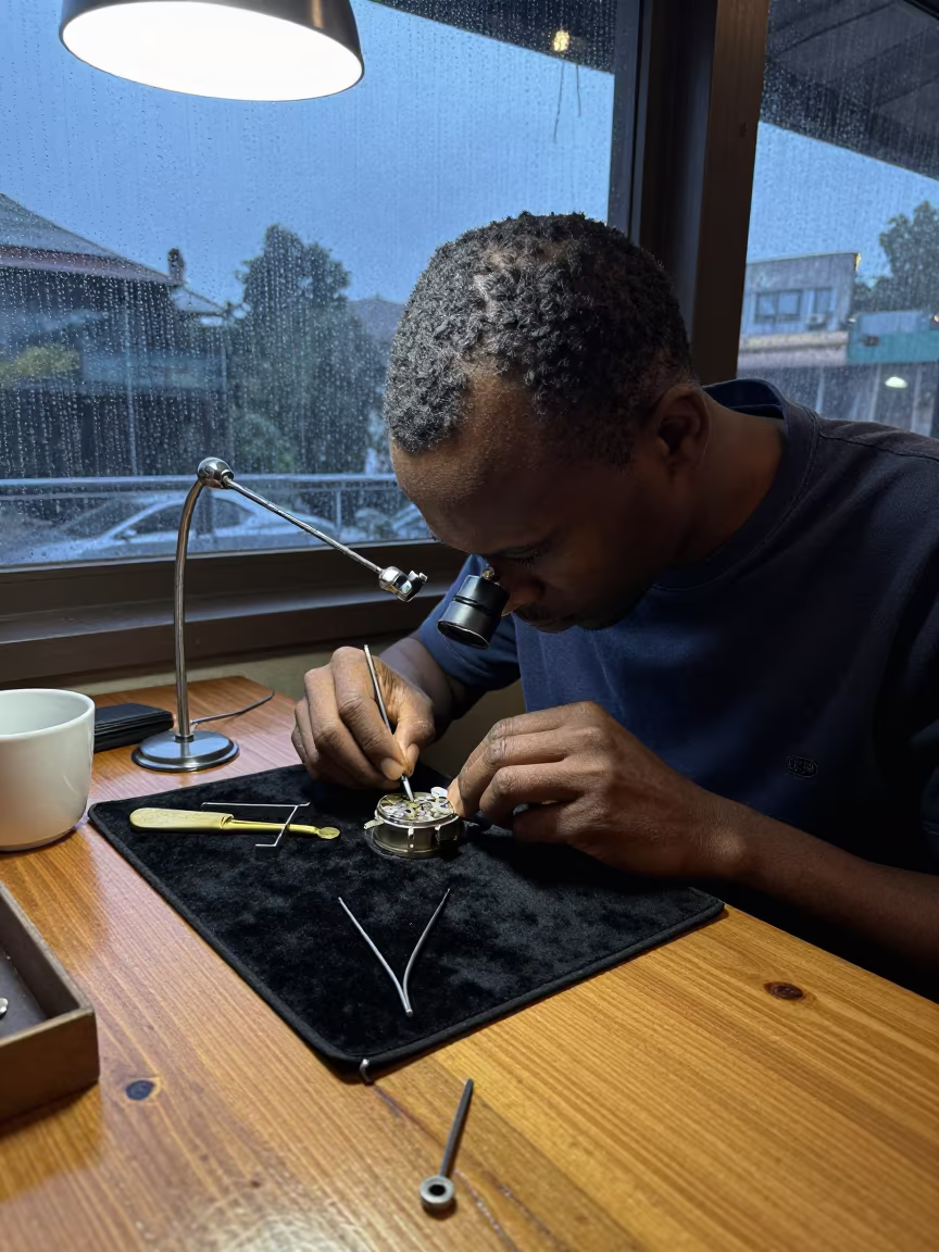 Watchmaker Examining Movement in Addis Cafe in in a cafe in Addis Ababa