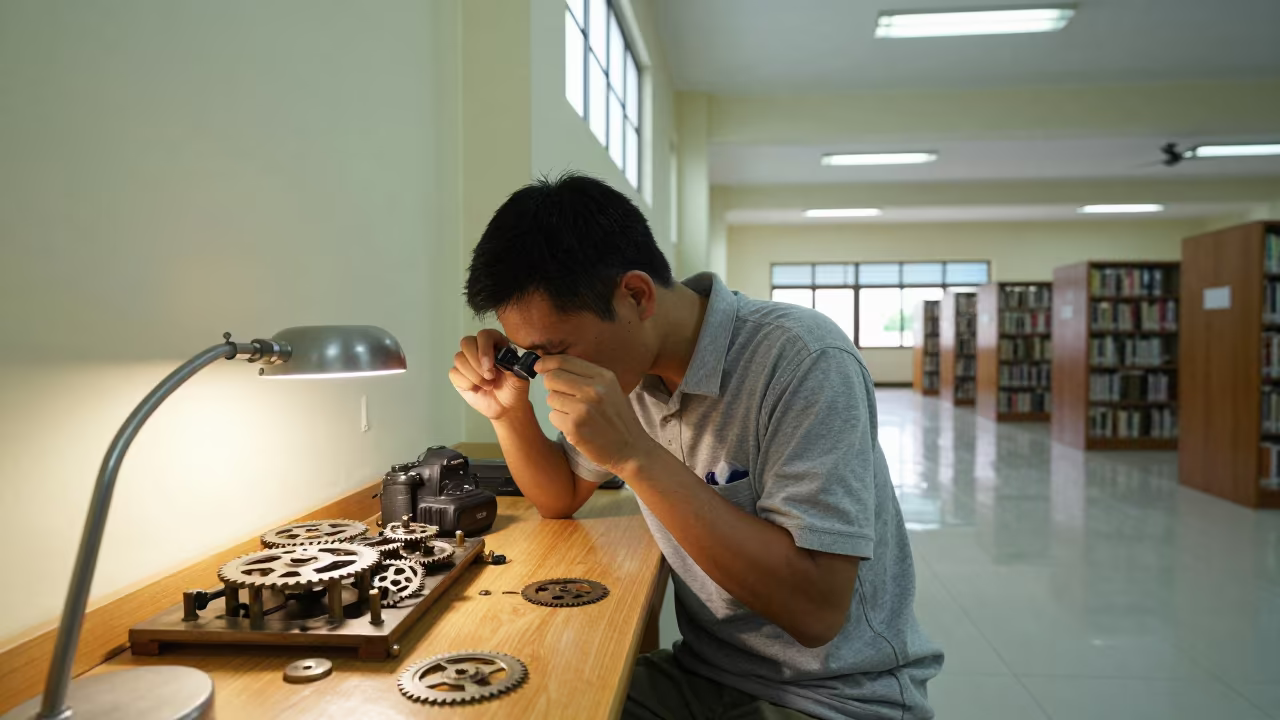 Watchmaker Examining Gears in Tawau Library in in a library reading room in Tawau