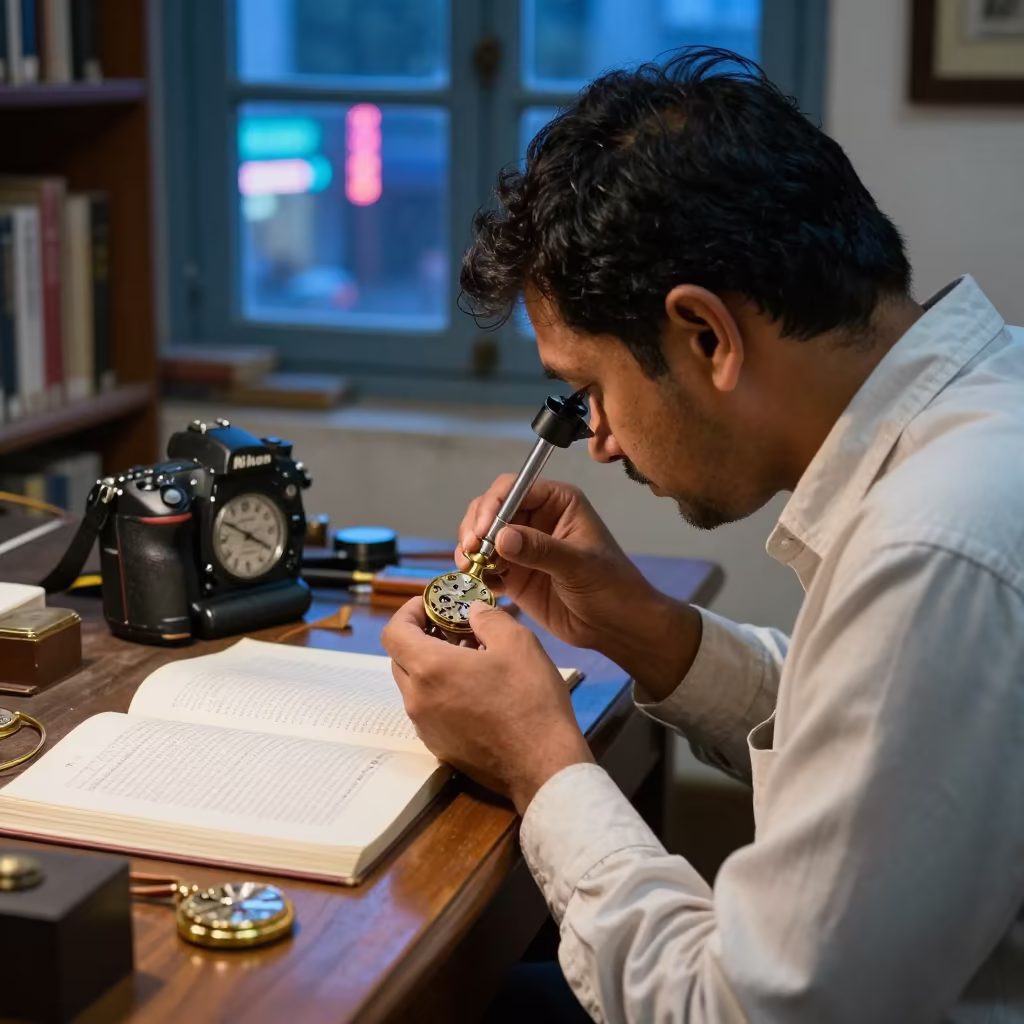 Watchmaker Inspects Movement in Old Dhaka Library in in a library reading room in Old Dhaka, Dhaka