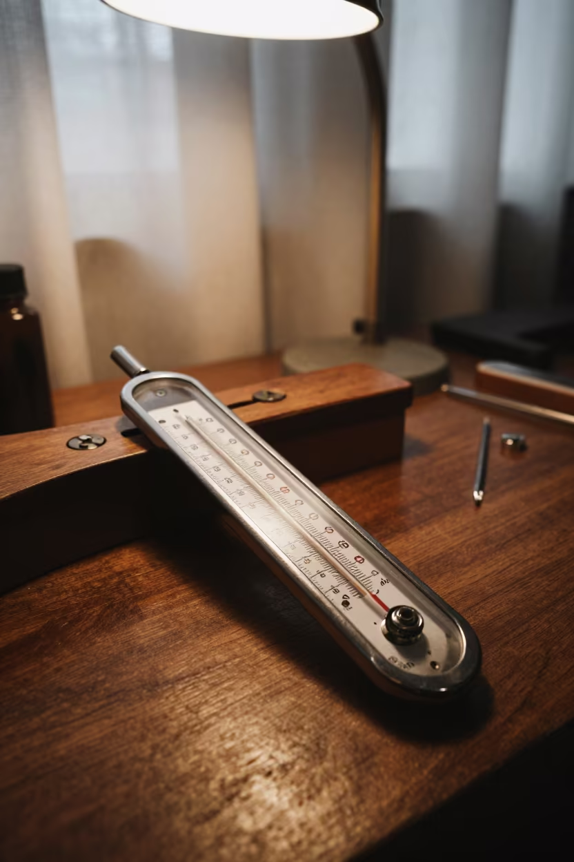 Watchmaker Thermometer Under Lamp Light in on a workshop shelf near Taoyuan