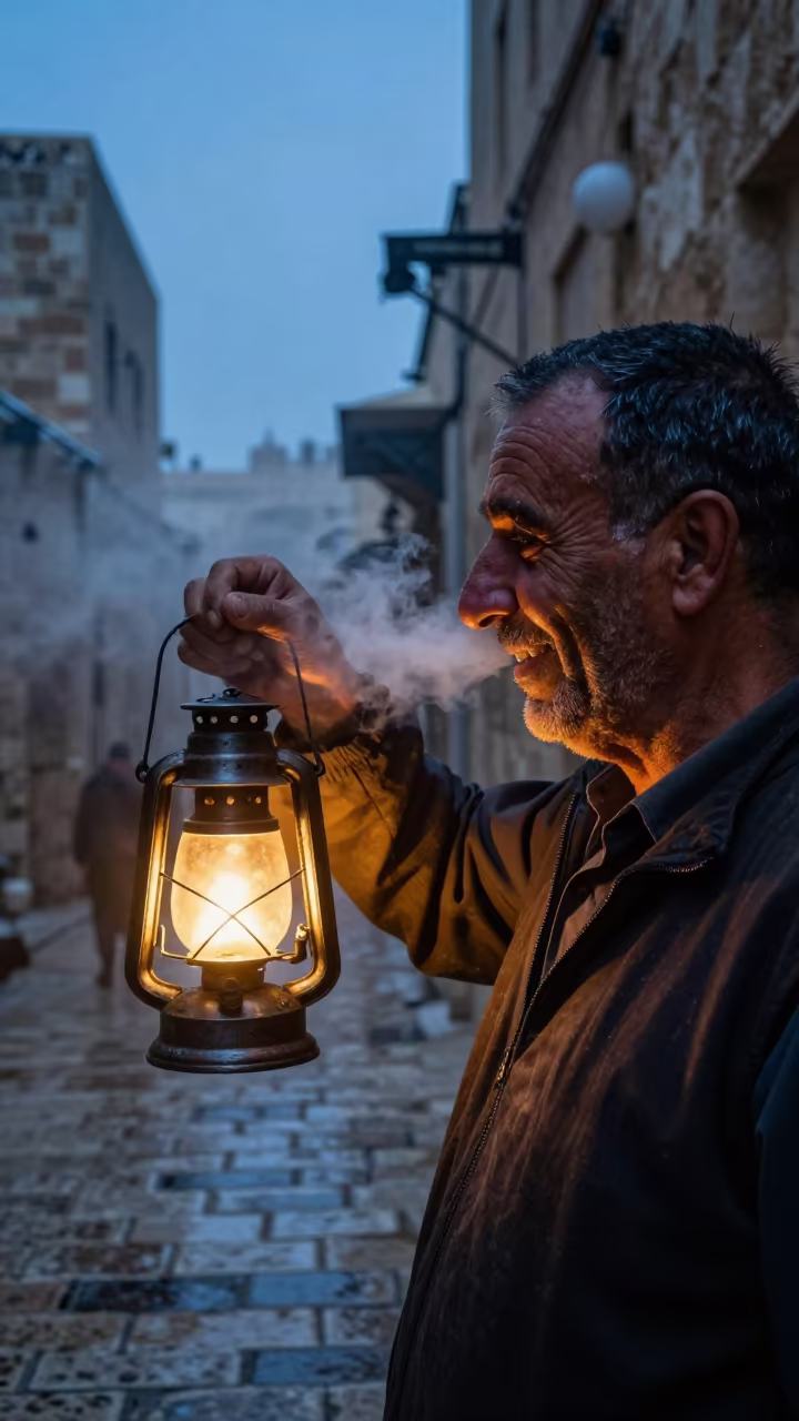 Watchman Lantern Face Beersheba Old Quarter Dawn in in the old quarter in Beersheba