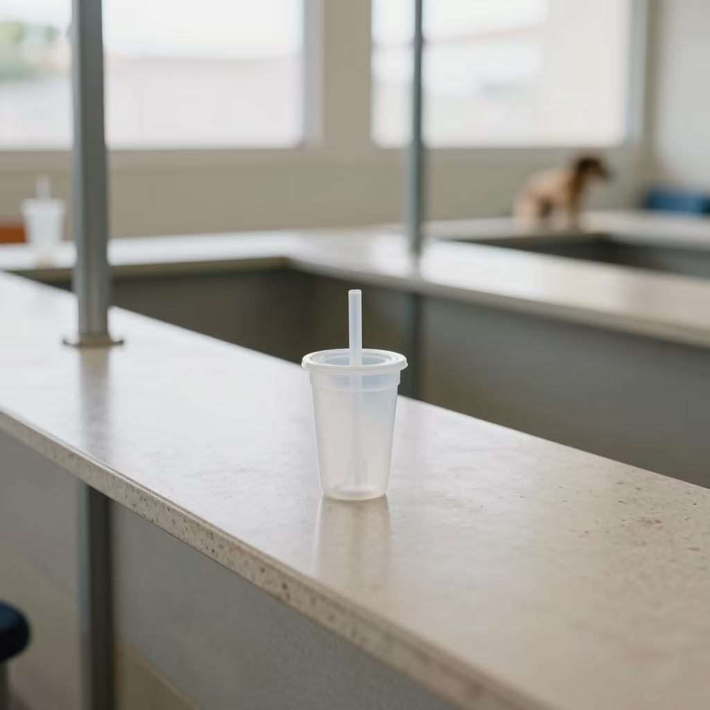 Water Bottle Brush Cup on Adoption Room Counter in inside an adoption room in Carúpano
