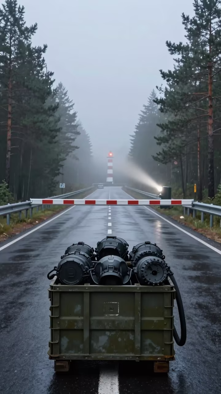 Water Buffalo Cap Case at Urals Dawn Checkpoint in at a checkpoint lane in the Urals