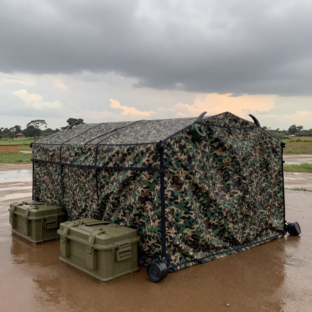Water Buffalo Hose Cap Case Under Camouflage Net Shelter in beneath a camouflage net shelter near Karen, Nairobi