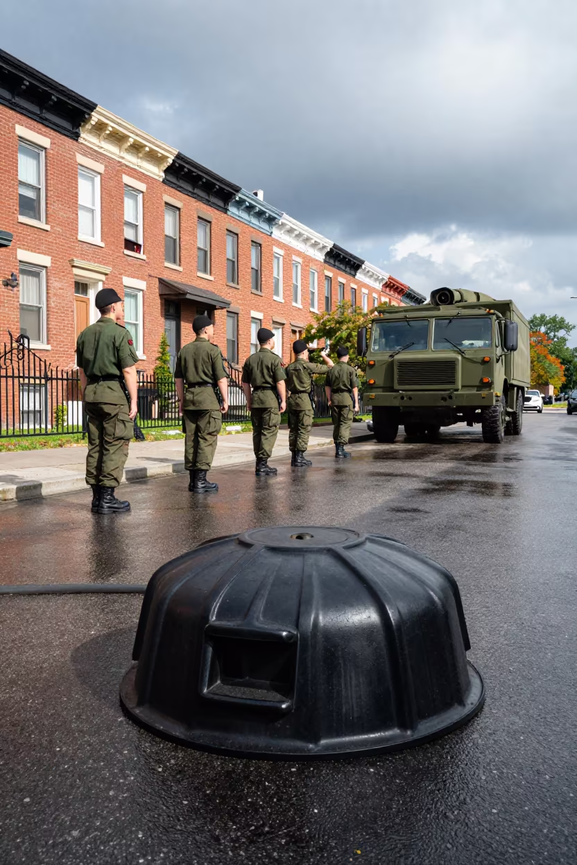 Water Buffalo Hose Cap Case at Convoy Halt in beside a convoy halt on open ground in Little Italy, Toronto